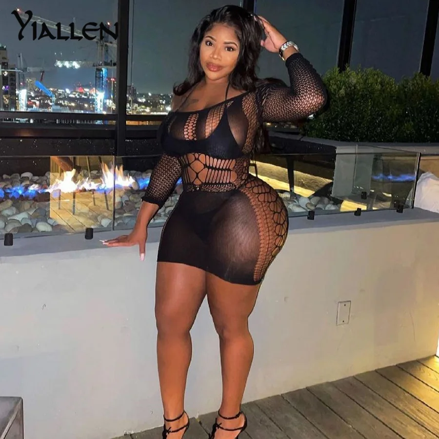 

Yiallen Summer Sexy Mesh See Through Lace Mini Dress For Women Hollow Out Midnight Long Seelve O-Neck Clubwear Female Skirts Hot