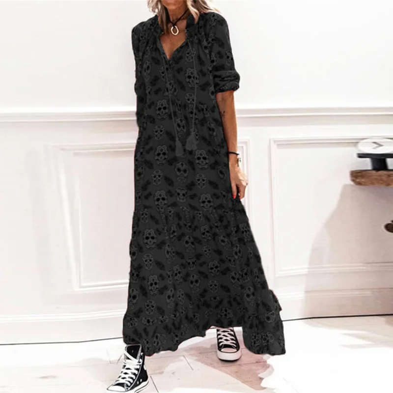 

New Summer Women's Casual Skull Print Long Sleeve Party Dress Elegant V-neck Tassel Dress Street Style Oversized Dress