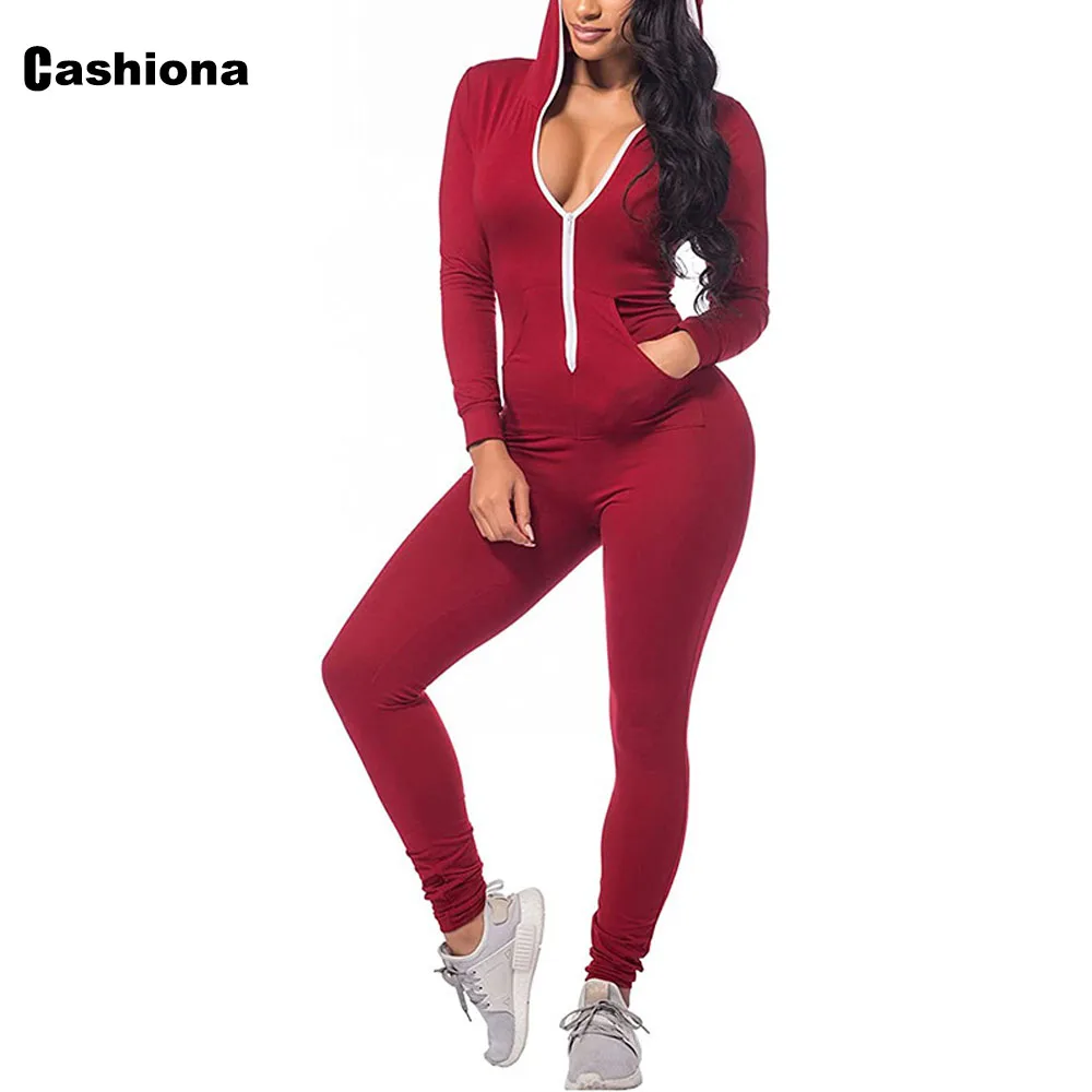 Cashiona Plus size Women Skinny Overalls Hooded Jumpsuits Patchwork Zipper Sexy 2021 European and American style Trouser Romper