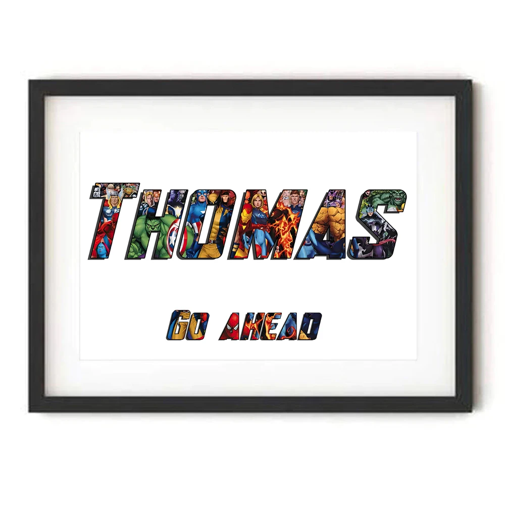 

Marvel Avengers Them Personalised Pictures Name Word Custom Print on Canvas Art Superhero Wall Paintings Kids Room Decoration
