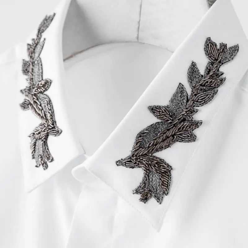 Minglu Black White Men Shirts Luxury India Wire Embroidery Long Sleeve Mens Plus Size 3XL 4XL Slim Fit Dress | Мужская одежда