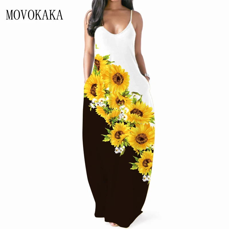 

MOVOKAKA 3D Sunflower Printed Strap Dress Women 2021 Summer Beach Sundresses Elasticity Vestidos Long Dresses Party Sexy Dress