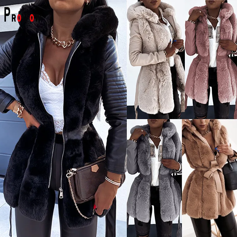 Fashion Fur Women Coat Thick Warm Winter Windproof Lady Outerwear Zipper Hooded Pu Leather Sleeve Top Clothes Slim Outfits