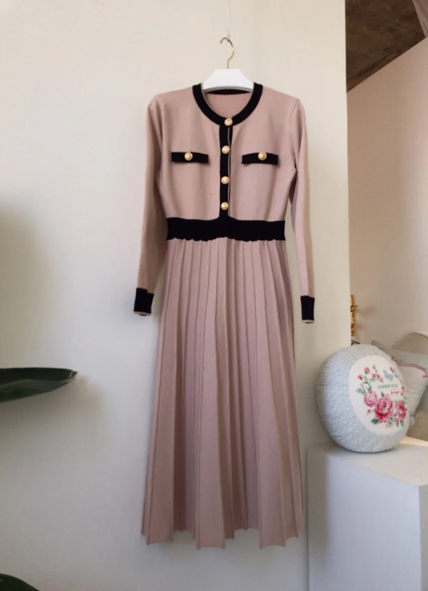 

Spring Korean Knitted Women's Long Pleated Dress Women's Long-Sleeved Single-Breasted A-Line Dress Elegant Ladies Vestidos
