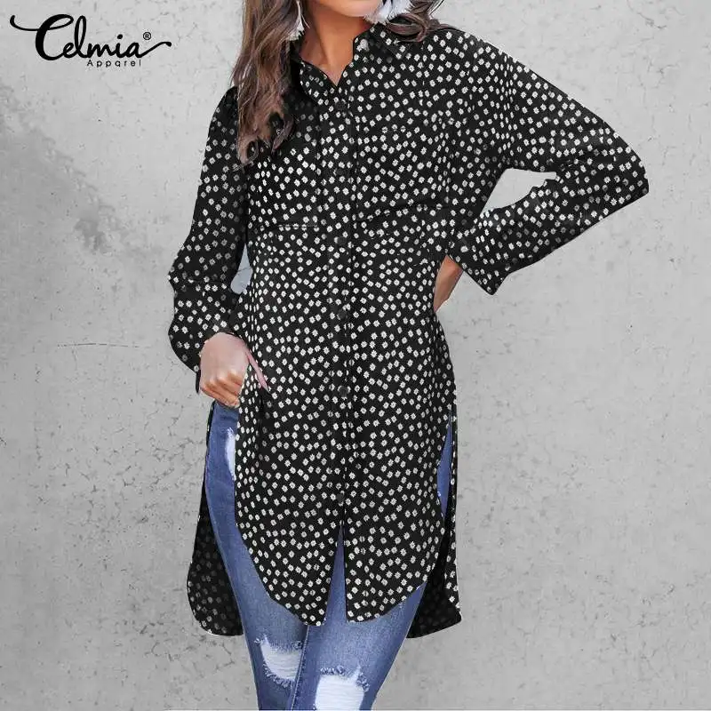 

Celmia Stylish Long Shirts Women Small Floral Print Streetwear Tops Office Lady Casual Lapel Split Hem Long Sleeve Blusas Femme