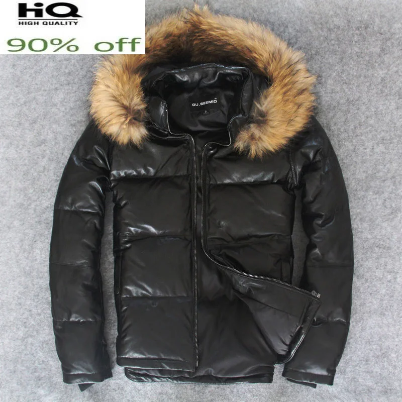 Мужская Байкерская кожаная куртка на утином пуху уличная одежда из 100%