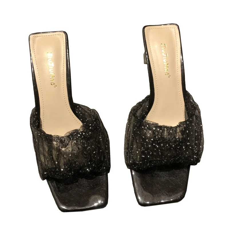 

Crystal slippers for women to wear 2021 new high heel fairy style one line lace mesh sandals with transparent
