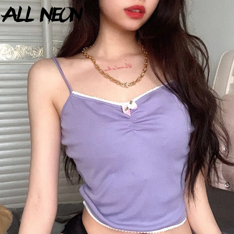 ALLNeon милые летние топы на бретелях-спагетти E-girl однотонные с рюшами и бантом