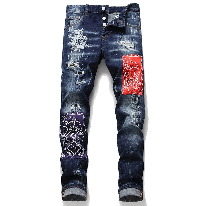 Jeans Men Ripped Pleated Pants Fashion Badge Patchwork Stretch Denim Trousers for Male Size 30-38 Washed