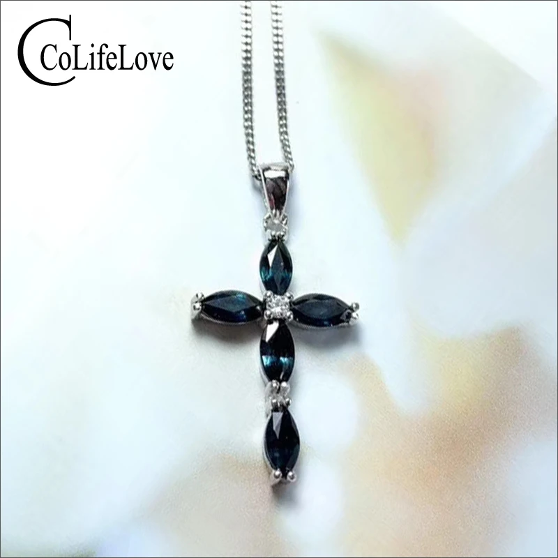 Женский серебряный кулон в виде креста с сапфиром 925 пробы 5 шт. Серебряный