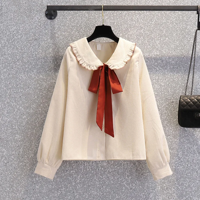 

Long Sleeved Bow Sweet Plus Size Korean Autumn Elegant Fashion Blouses And Tops Women'S Oversize Shirt Clothing 2021 Female