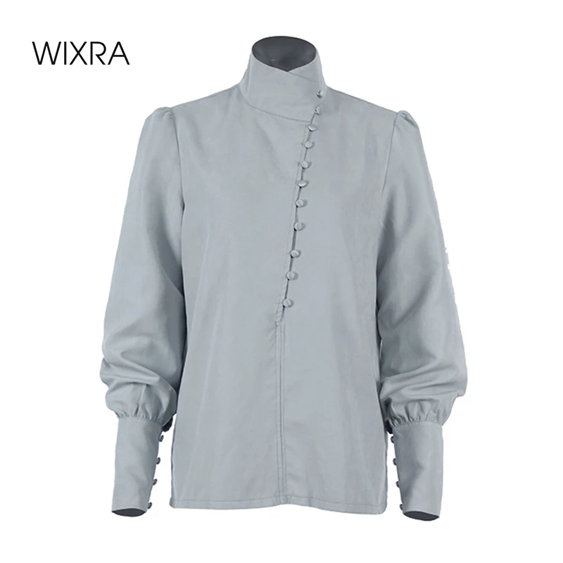 

Wixra 2021 Women Autunm Turtleneck Single Breasted Button Solid Long Lantern Sleeve Shirt Elegent Vintage OL Lady Blouse