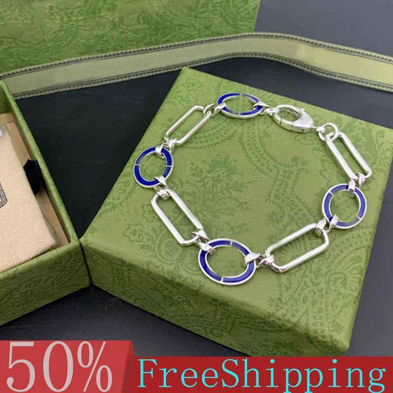 

925 Sterling Silver Bracelet New Blue Enamel Necklace Bracelet Couple Luxury Brand Hip Hop Retro Wild Gift