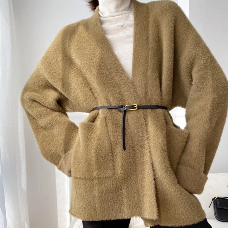 Cashmere Sweater Coat Women's Solid Color Thick Knitted Cardigan Long-sleeves Sweaters 2021 Autumn Winter  U003