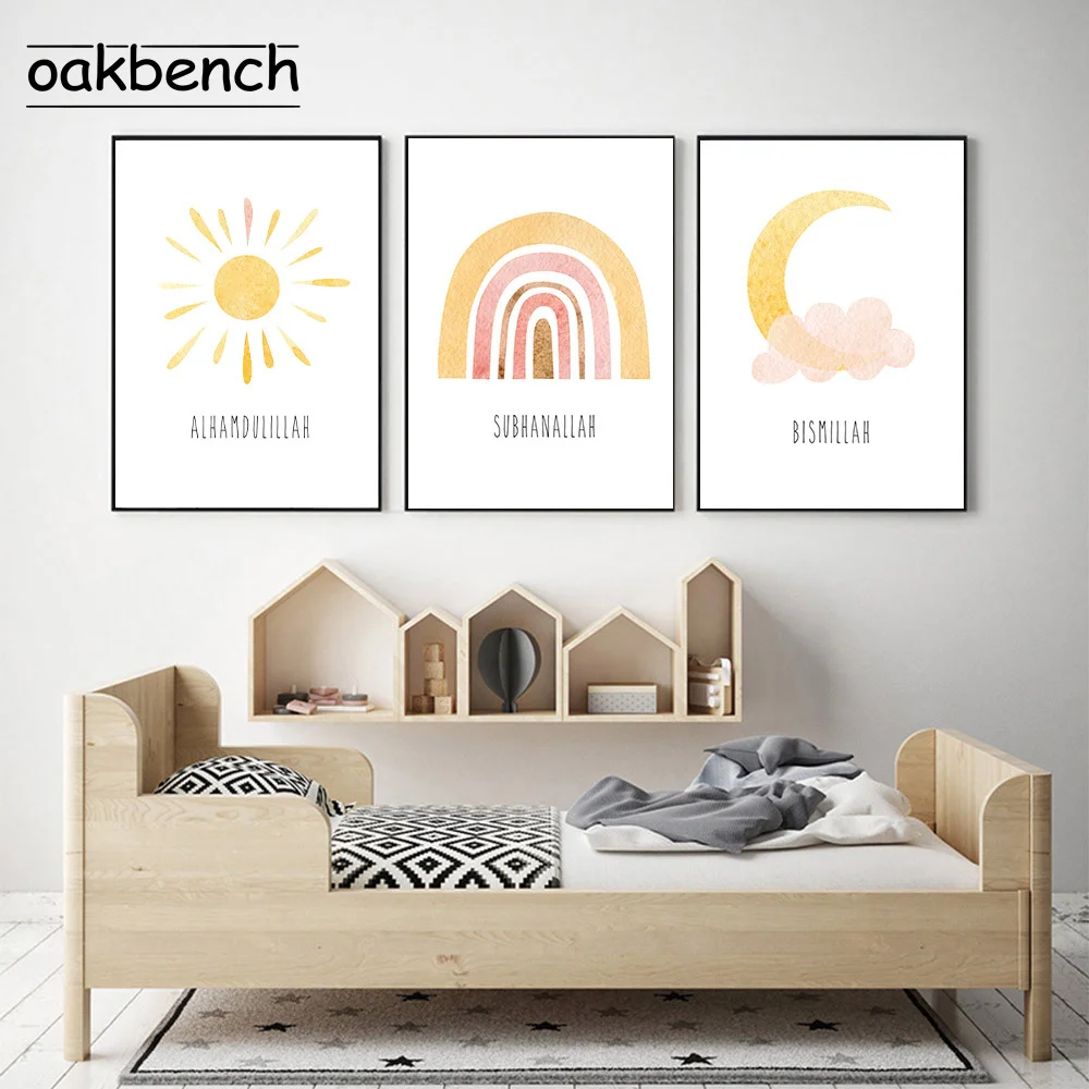Мультяшные настенные картины на холсте радужные плакаты луна солнце облака