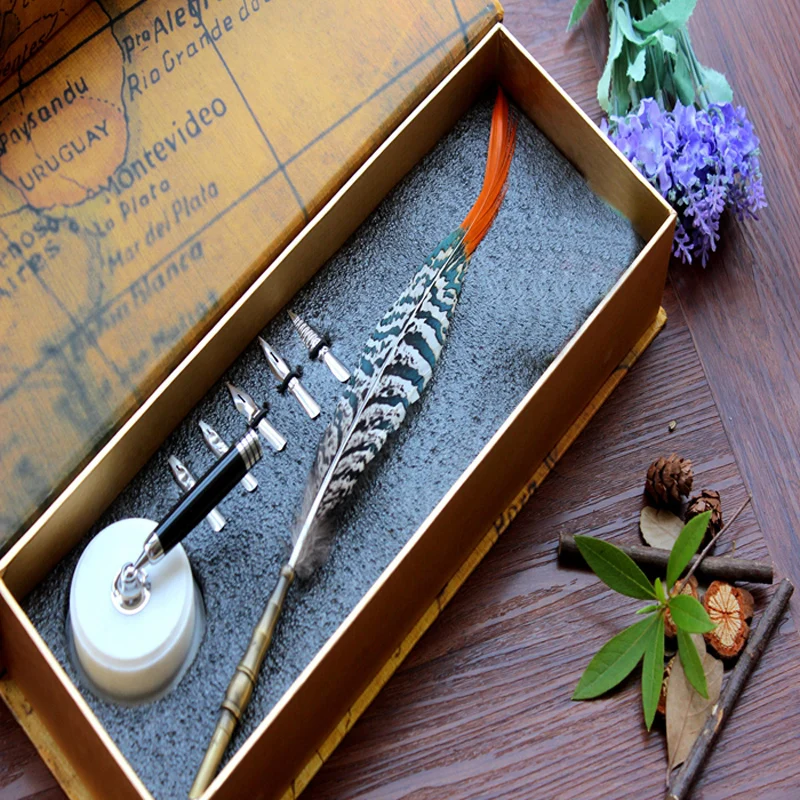 Natural Feather Antique Dip Pen Set with 1  Holder 1 Gift Box  and 5 Nibs