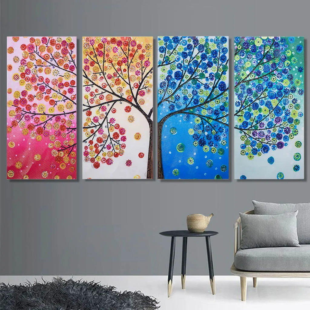

4Pcs/Set Diamond Art Kit Colorful Tree Special Shaped Diamond Embroidery 5D DIY Diamond Painting Cross Stitch Home Decor