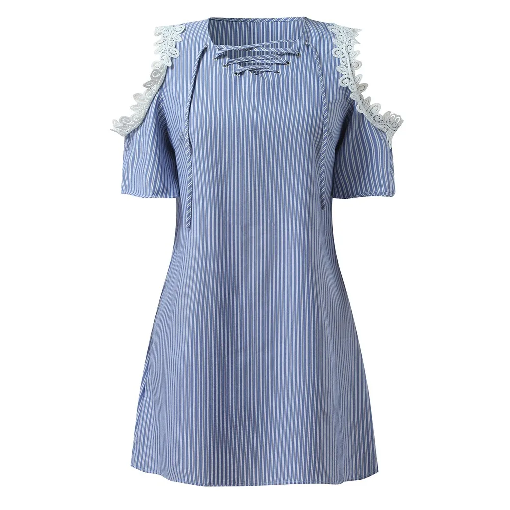 Женское свободное платье в полоску с коротким рукавом и V-образным вырезом |