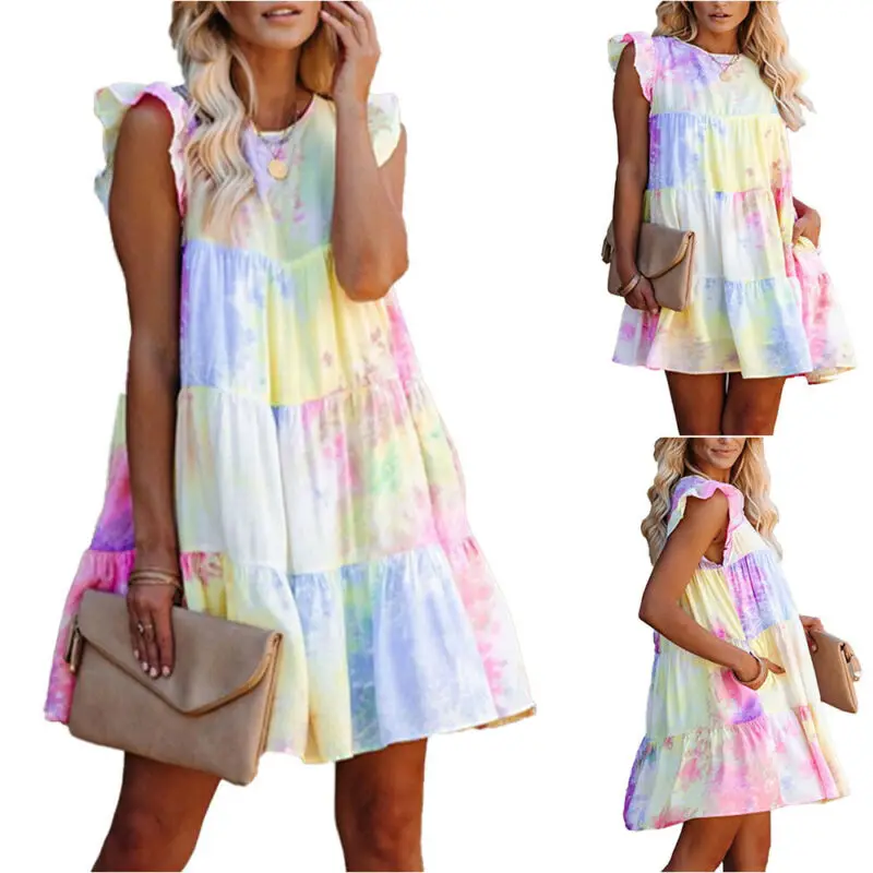 

Tie Dye Short Dress Ladies Loose Ruffled Mini Dresses Sleeveless Womens Fashion 2021 New Clothes Holiday Casual Summer Sundress