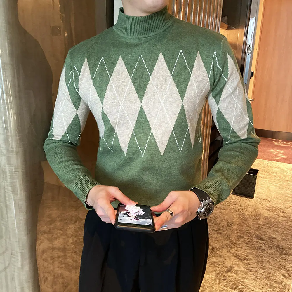 Свитер Мужской трикотажный облегающий с высоким воротником в клетку | Мужская