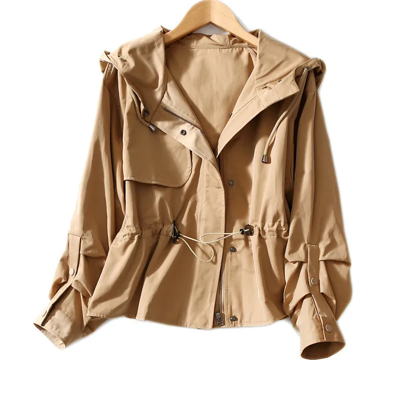 

Trench coat The small loose thin brief paragraph draw string type leisure female crisp have reduced age hooded waist trench coat