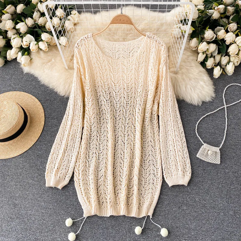 Bohemia Holiday Casual Loose Long Sleeve Blouse Women 2021 Autumn Slim Hollow Out Knitted Top Summer Sunscreen Shirt Sweater