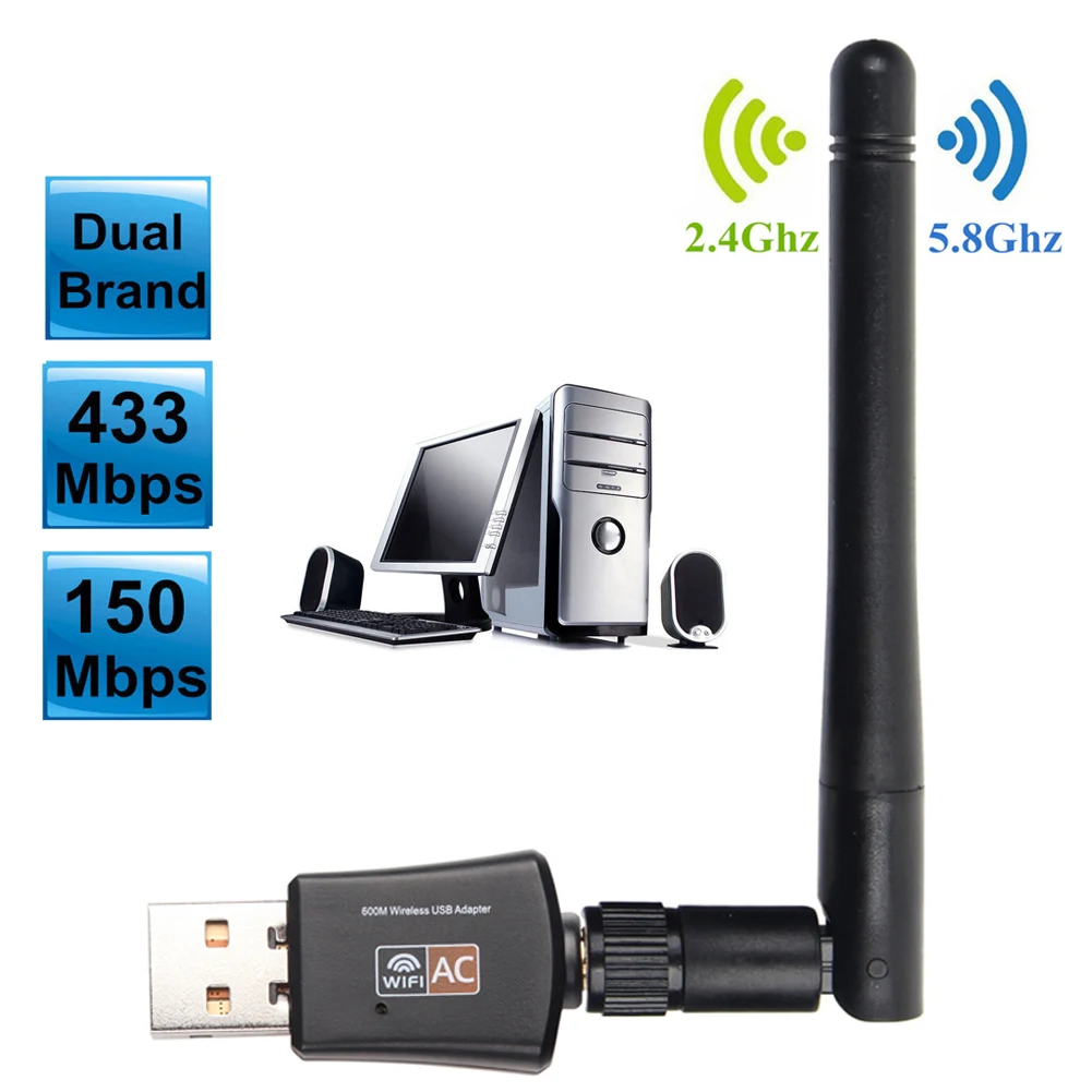 

600Mbps Dual Band 2.4GHz/5GHz Wireless Lan USB PC WiFi Adapter w/ Antenna 802.11AC/802.11b/802.11g/802.11n Network Card