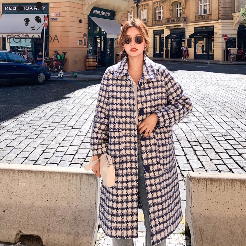 Женское длинное твидовое пальто роскошное шерстяное с принтом мешковатое