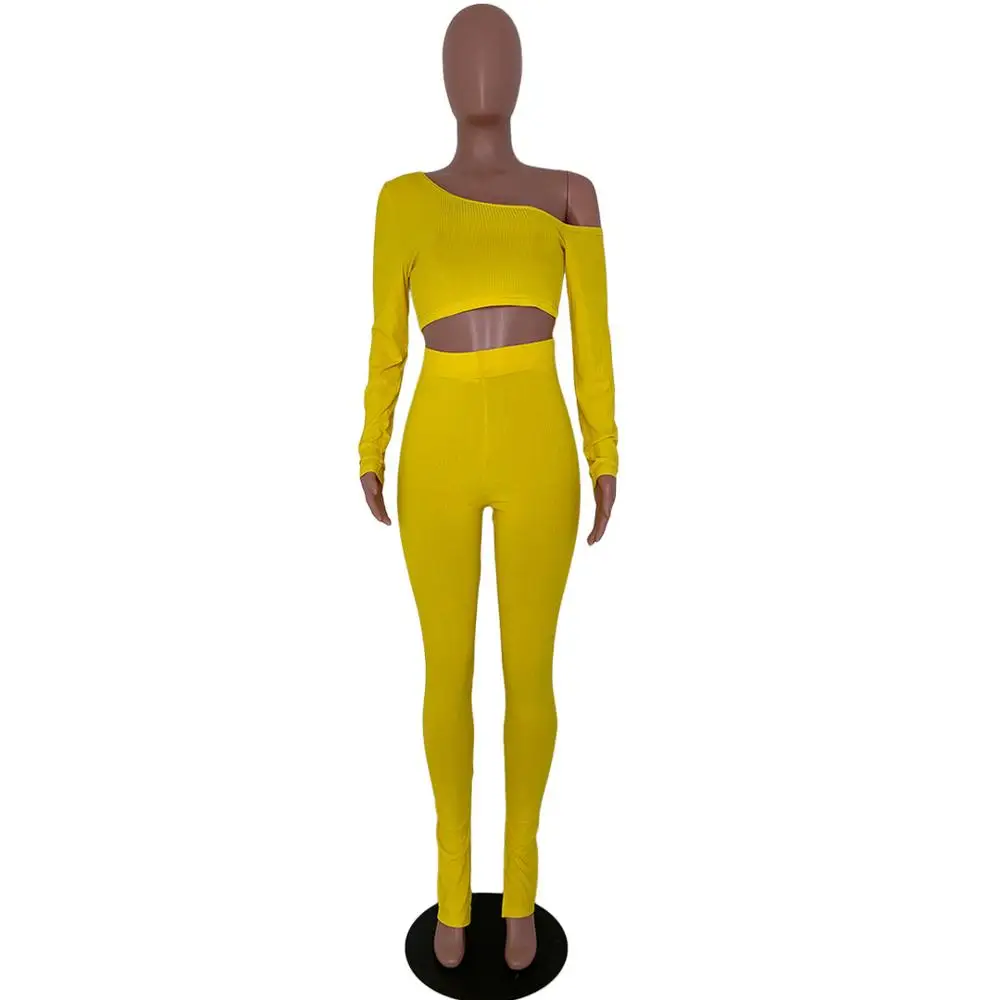 

European sexy solid color nightclub slim fit two piece set fashion slant collar long sleeve shirt and trousers women's suit