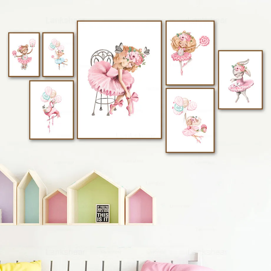Розовая девушка медведь Фламинго Кролик Кот воздушный шар настенная Картина на