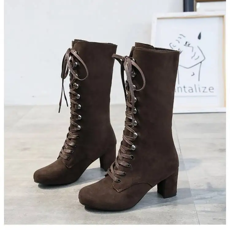 

Women's Shoes Mid-tube Boots High-heeled Suede Women's Boots Plus Cashmere Lace-up Knight Boots