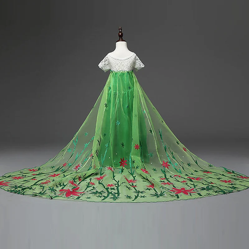 3-8Y Girls Christmas Dress Anna Elsa Princess Costume Green Fashion Print Pattern Kids Halloween Snow Queen Long Tail Gown | Детская
