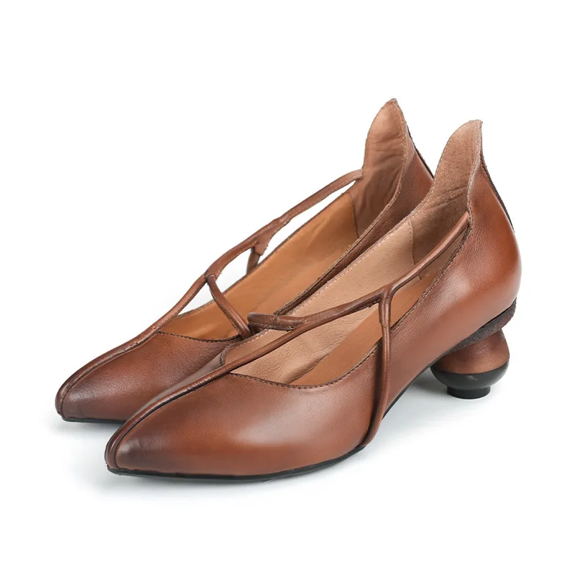 

autuspin Women Real Leather Retro Shoes Handmade Cowhide High Heels 2021 Spring Summer Pointed Toe Casual Pumps Daily Working