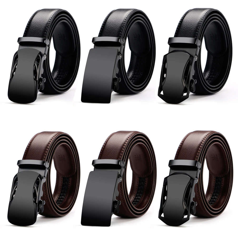 Мужской ремень с храповым механизмом черный повседневный кожаный