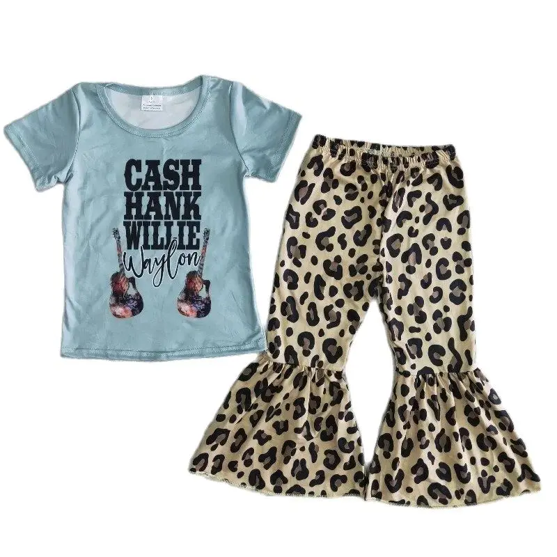 

Wholesale Children Baby Girls Boutique Clothing Black Short Sleeve Music Singer Shirt Sets Kids Bell Pants Fashionable Outfit