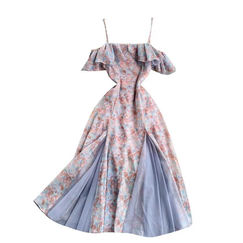 

Women Korean Floral Strap Dress Sexy Off Shoulder Ruffles A-line Chiffon Dress Summer Bohemian Vacation Beach Sundress