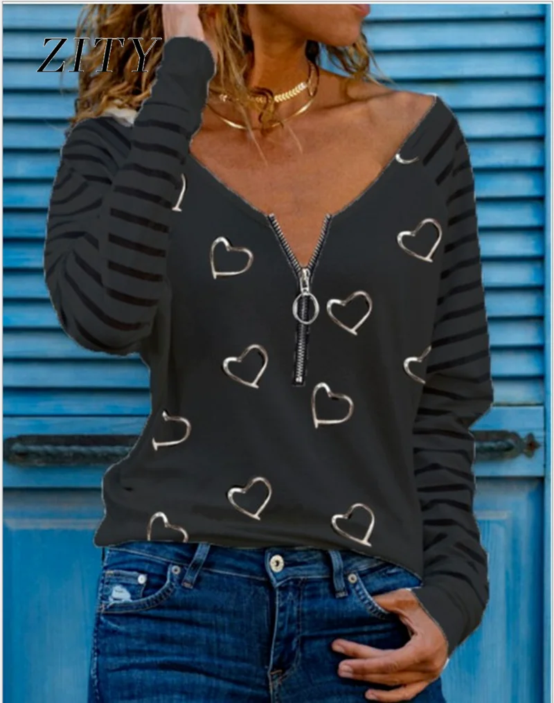 

Women's Spring Love Printing Long-Sleeved T-Shirt V-Neck Zipper Short-Sleeved Casual Fashion Slim Top Streetwear Basic Style
