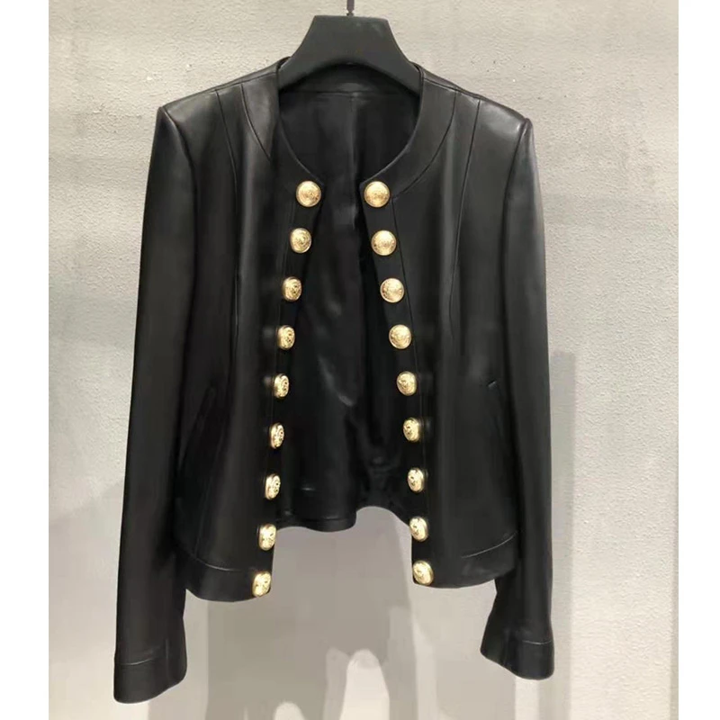 Cosmicchic Женская куртка из овечьей кожи черная Золотая кнопка-застежка куртка из натуральной кожи женская короткая куртка из овечьей кожи на пуговицах льва