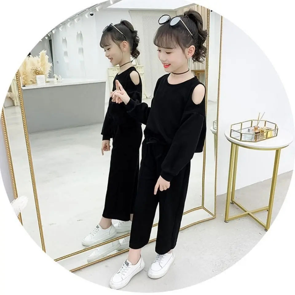 

Girls Clothes 2021 Autumn Spring Off Shoulder Long Sleeve Shirts + Pants Suit Kids Clothe Teen Children Clothing Sets 4-14 Years