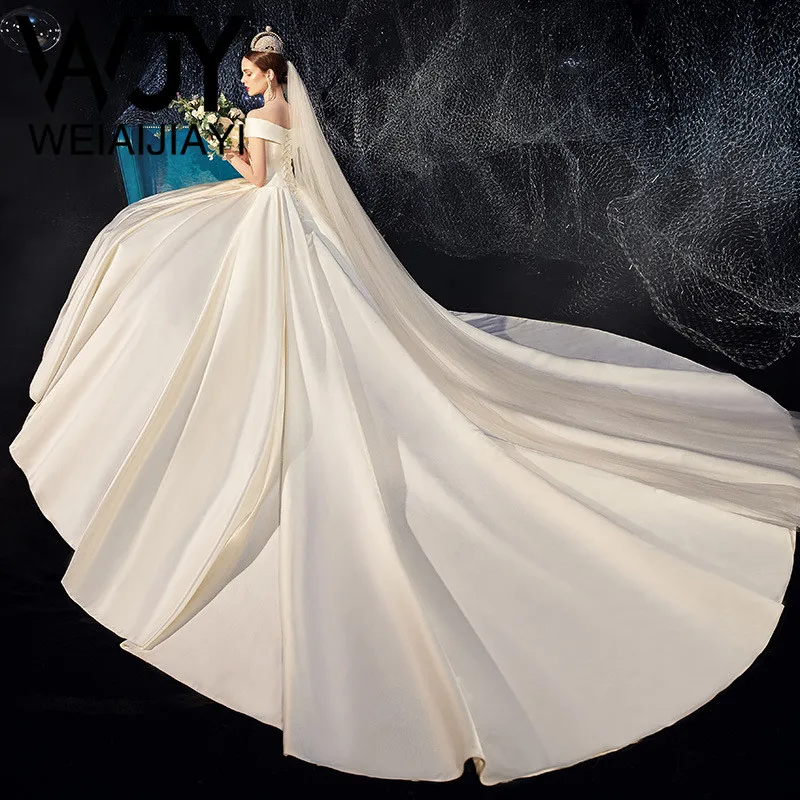

Женское свадебное платье с открытыми плечами, белое платье цвета слоновой кости с длинным шлейфом, платье невесты, свадебное платье