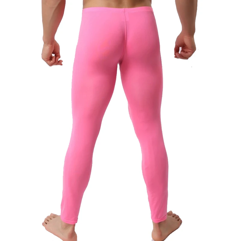 Men's Sexy Long Johns Ice Silk Ultra-thin Transparent Penis Pouch Leggings Underwear Men Home Sheer Lounge Pants Gay Sleepwear