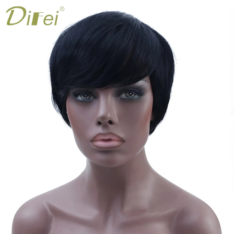 DIFEI Short Straight Hair Black Wig Synthetic Cospaly Wig High Temperature Fiber Wig Halloween Party Wig for Women spiffy straight side bang capless vogue ash black short synthetic wig for elder women
