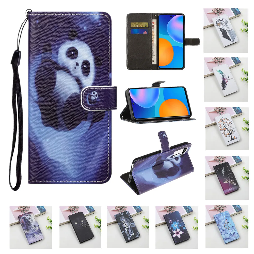 

P Smart 2021 Cute Painted Leather Case for Huawei Y7A Y8P P40 Pro Y6P Y5P Honor 10X 9X Lite Fundas Folded Stand Shockproof Cover