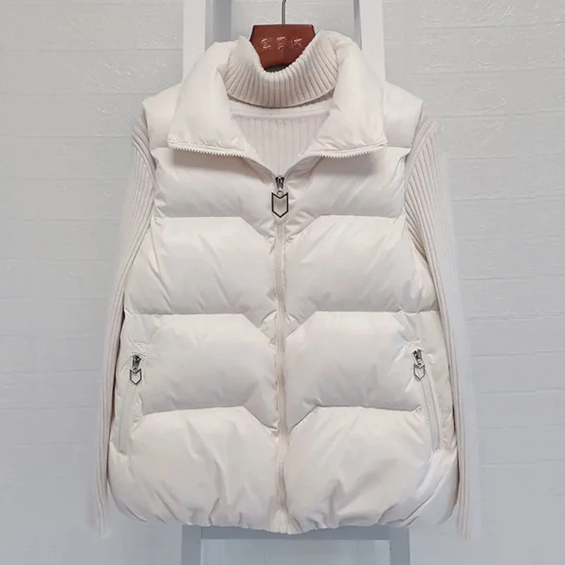 

Autumn Winter Warm Sleeveless White Duck Down Women Vest Short Coat Solid Color Zipper Loose Waistcoat Coat Casual Short Jacket