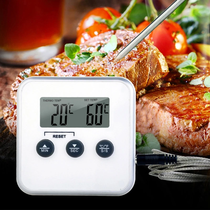 

K1KA LCD Digital Cooking Food Meat Smoker Oven Kitchen BBQ Grill Thermometer Clock Timer with Stainless Steel Pro-be
