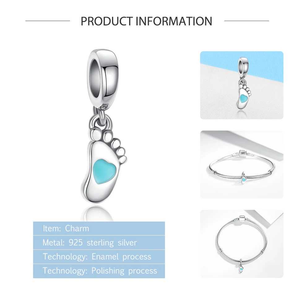 Изысканные 100% 925 пробы серебряные Детские след с принты Blue Heart красивые