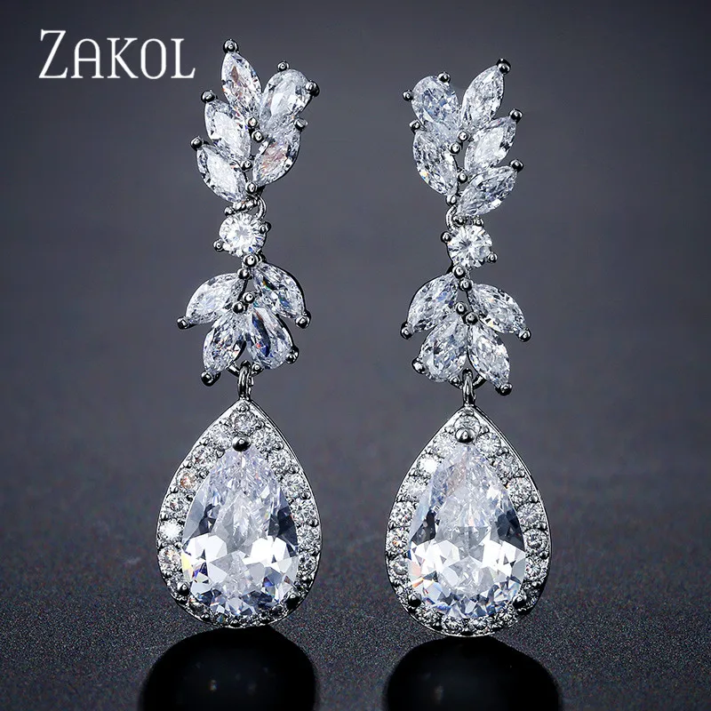 ZAKOL Роскошный белый Цвет капли воды Фианит циркон Кристалл Длинные висячие
