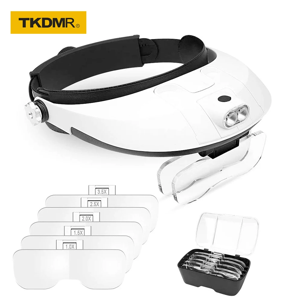 TKDMR-lupa para gafas iluminadas, accesorio multifuncional con diadema, 2Led, 5 lentes intercambiables, herramienta de reparación de lectura