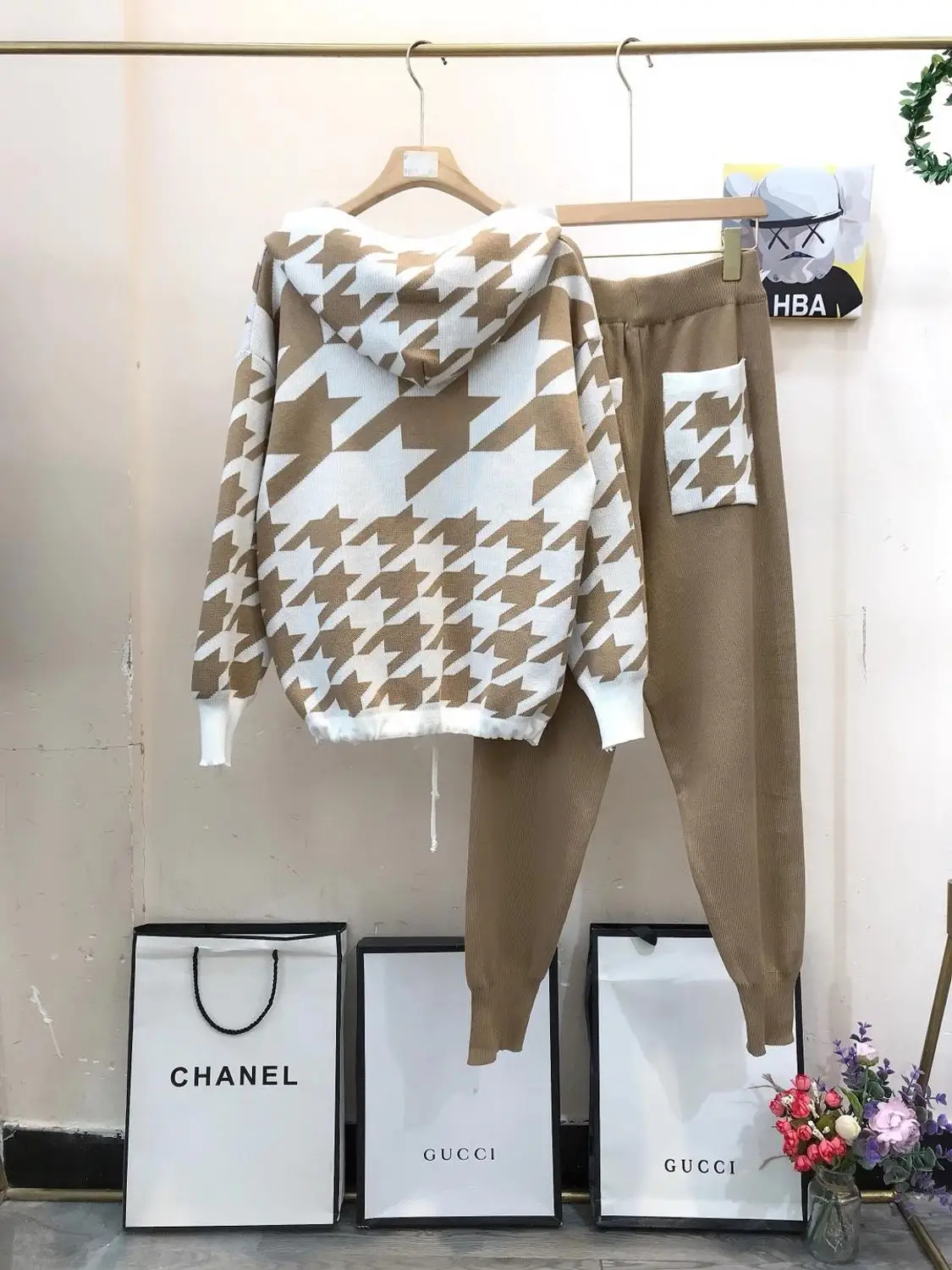 ALPHALMODA новый стиль клетчатый свитер с капюшоном куртка + брюки женские зимние 2 шт.