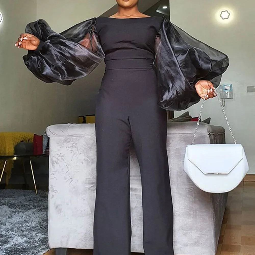 

Elegant Plus Size Jumpsuit Women Office Party Overalls Sexy Mesh See Through Lantern Sleeve Black Fashion Oversize Jumpsuits new